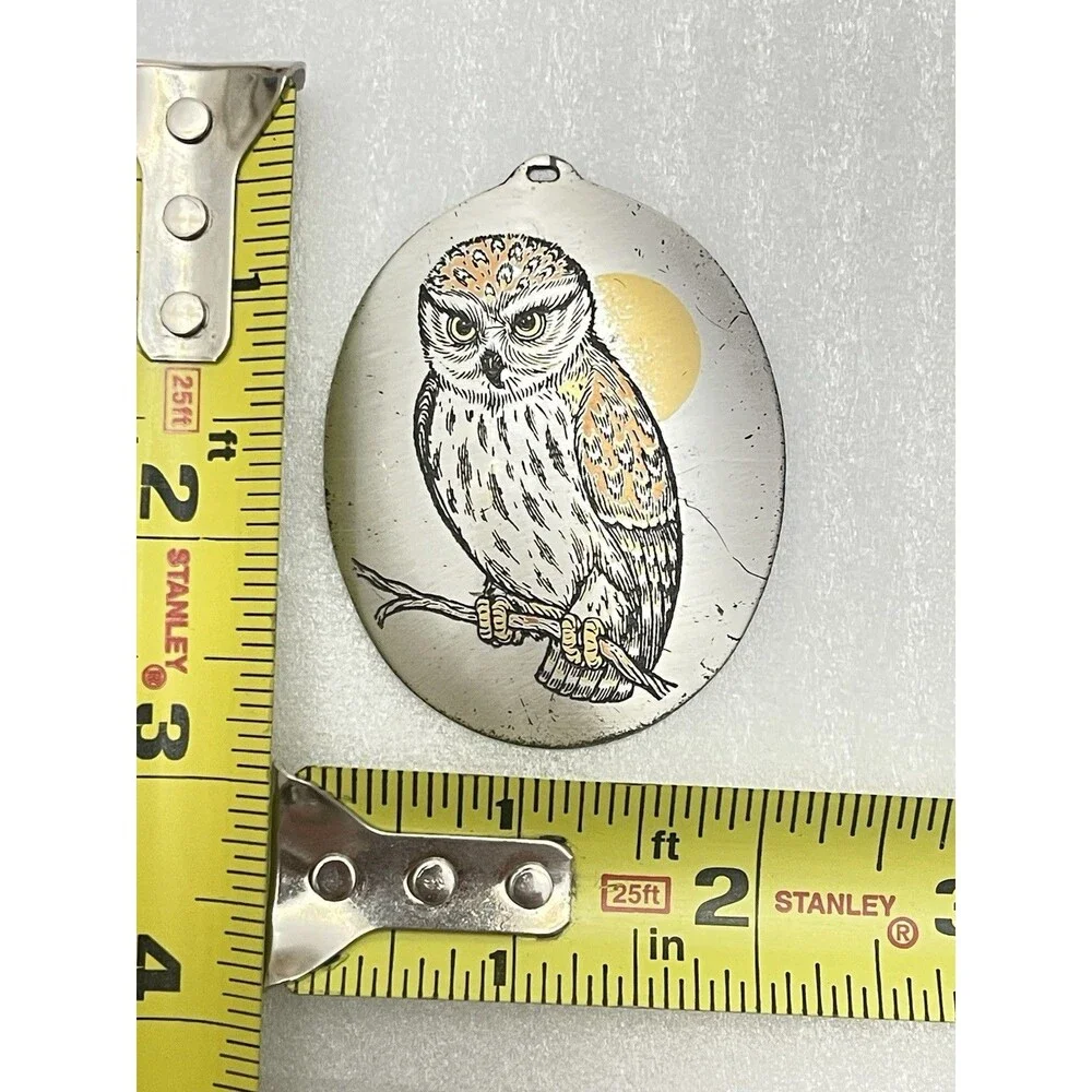 Reed & Barton Damascene Owl Pendant Etched Silver Tone Metal Oval  2.5